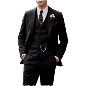 Men's Black 3 Piece Slim Fit Herringbone Suit Groom Tuxedo Wedding Set